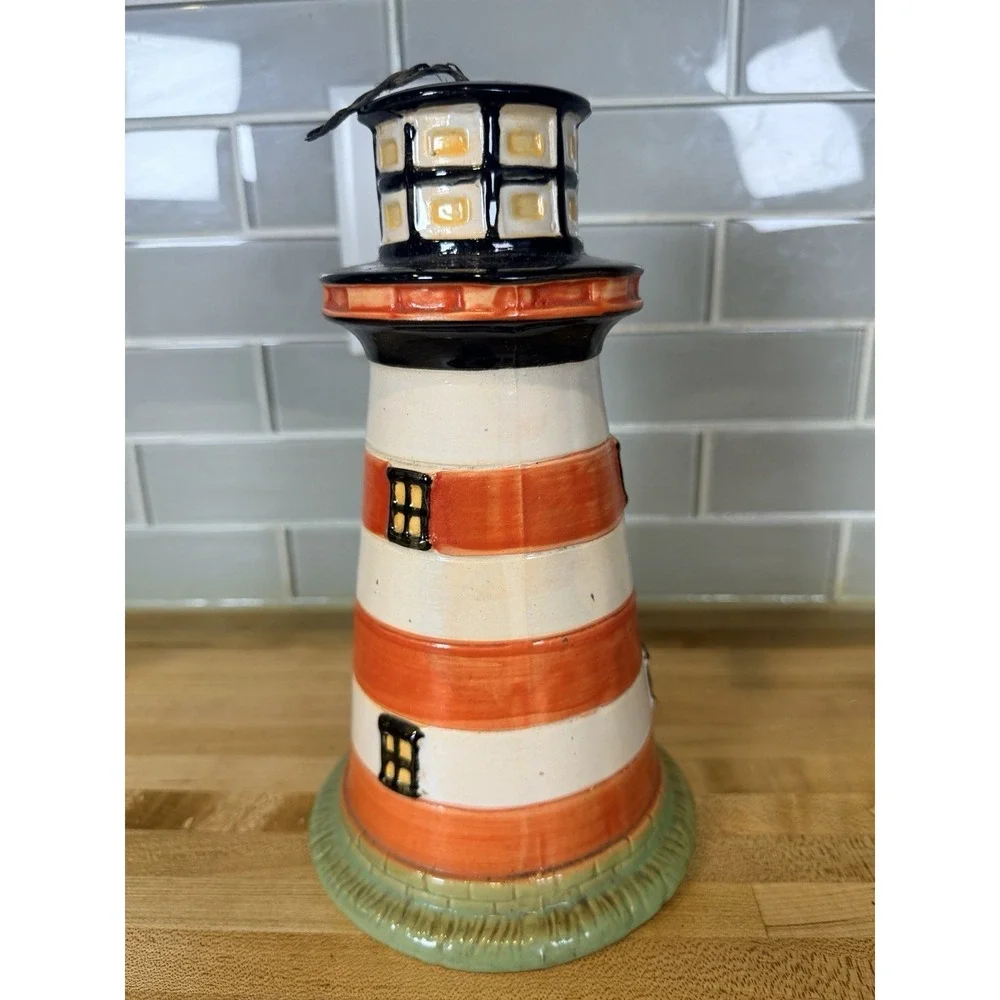Nautical Lighthouse Ceramic Birdhouse Orange White Striped Coastal Garden Decor